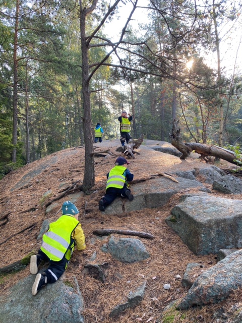 Flera barn klättrar upp för litet berg.