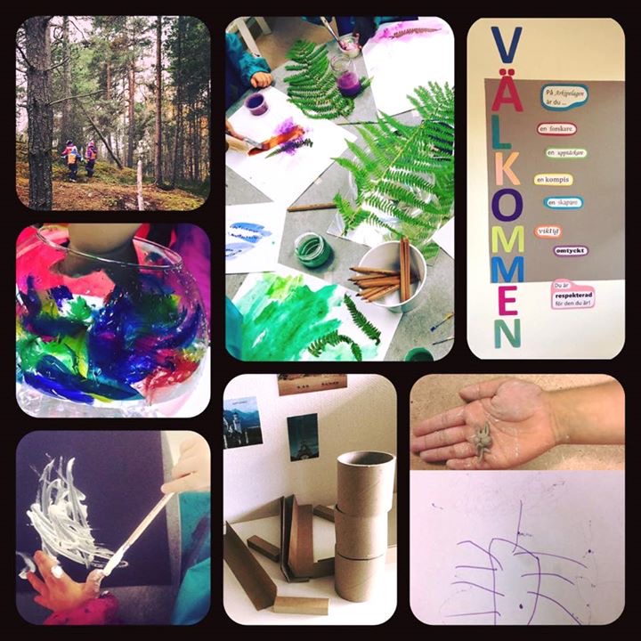 Collage av fler bilder med pyssel, målarfärg och ute i naturen.