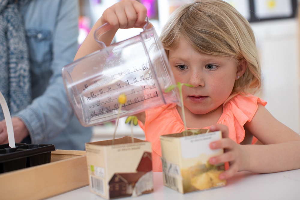 Flicka vattnar plantor