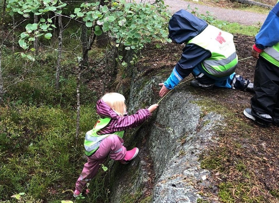 Barn är ute i skogen och klättrar upp för ett litet berg.