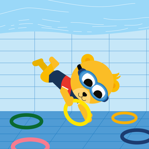 Pyss plockar upp en ring i en bassäng.