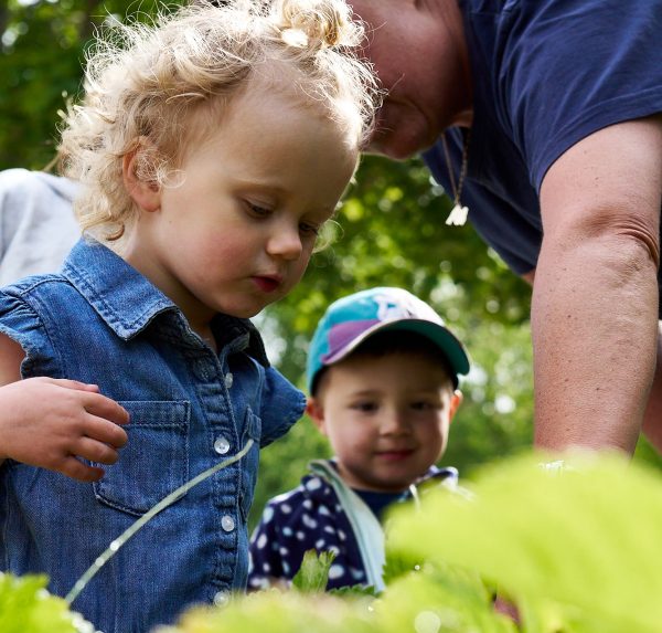 Barn och pedagog odlar.